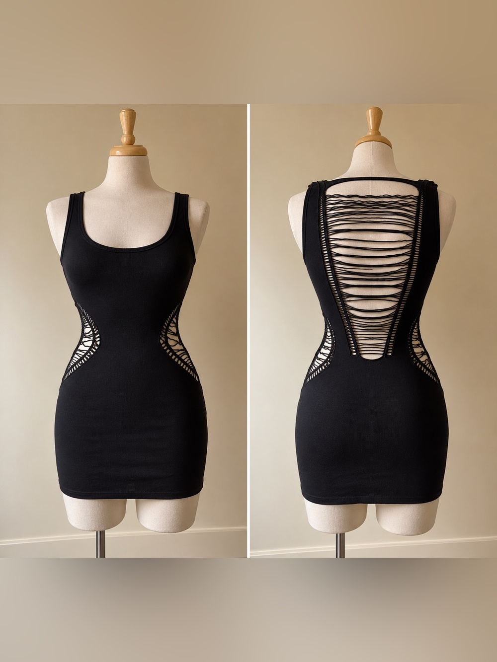 Y2K Bebe Black Seamless Bodycon Mini Dress Cutout Back S